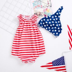 Toddlers Newborn Baby Fashion Girls Casual Basic Sleeveless Independence Day Stripe Bodysuit And Hat
