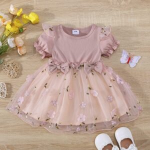 Children Kids Baby Fashion Girls Short Sleeve Embroidered Mesh Dress