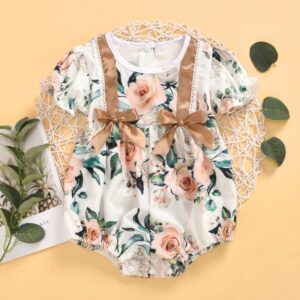 Toddlers Newborn Baby Fashion Girls Short Sleeve Ribbon Bowknot Flower Print Bodysuit