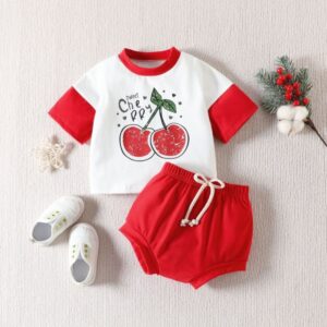 Toddlers Newborn Baby Fashion Girls Short Sleeve Cherry Print T-Shirt And Shorts 2pcs Set