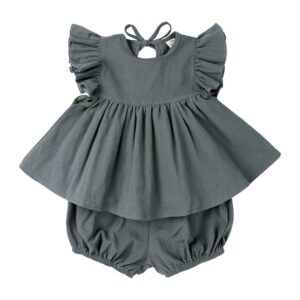 Toddlers Newborn Baby Fashion Girls Casual Basic Ruffle Sleeve Solid Color Top And Shorts 2pcs Set