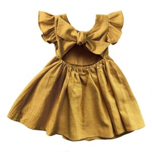 Children Kids Baby Fashion Girls Ruffle Sleeve Solid Color Bowknot Princess Dress