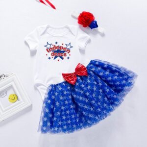 Toddlers Newborn Baby Fashion Girls Independence Day Short Sleeve Letter Print Top And Star Mesh Skirt Set