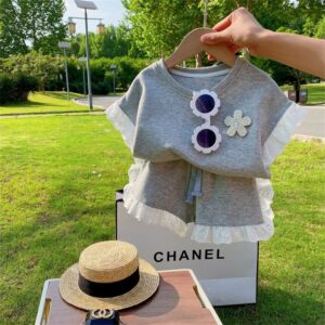 Children Kids Baby Fashion Girls Casual Basic Short Sleeve Pearl Flower Lace T-Shirt And Shorts 2pcs Set