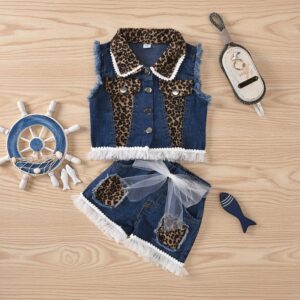Children Kids Baby Fashion Girls Sleeveless Lapel Denim Top And Leopard Shorts 2pcs Set