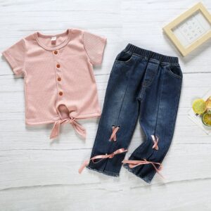 Children Kids Baby Fashion Girls Short Sleeve Solid Color T-Shirt And Denim Pants 2pcs Set
