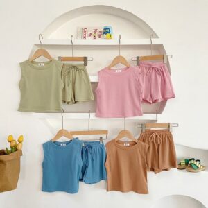 Children Kids Baby Fashion Girls Sports Sleeveless Solid Color Top And Shorts 2pcs Set