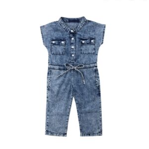 Baby Girl Stand Collar Lace-up Design Denim Jumpsuit