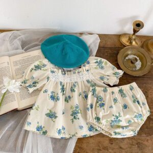 Toddlers Newborn Baby Fashion Girls Short Sleeve Peter Pan Collar Flower Print Top And Shorts 2pcs Set