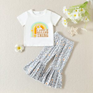 Children Kids Baby Fashion Girls Short Sleeve Letter Rainbow Print Top And Flower Pants 2pcs Set