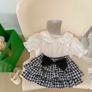 Toddlers Newborn Baby Fashion Girls Short Sleeve Peter Pan Collar Solid Color Top And Plaid Print Skirt