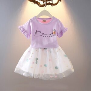 Children Kids Baby Fashion Girls Short-Sleeved Letter Print Top And Tutu Mesh Skirt 2pcs Set