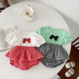 Toddlers Newborn Baby Fashion Girls Short Sleeve Bowknot T-Shirt And Plaid Print Shorts 2pcs Set