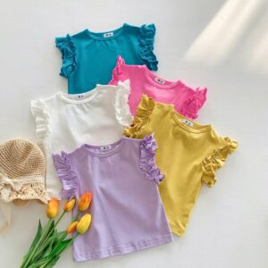 Children Kids Baby Fashion Girls Ruffle Sleeve Solid Color T-Shirt