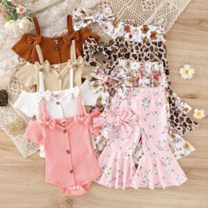 Toddlers Newborn Baby Fashion Girls Short Sleeve Off Shoulder Top And Flower Print Flared Pants Set