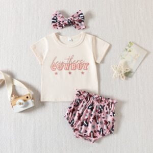 Toddlers Newborn Baby Fashion Girls Short Sleeve Cowboy Letter Print Top And Shorts Set