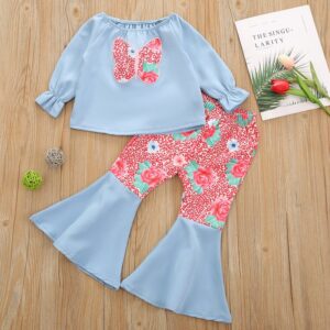 Children Kids Baby Fashion Girls Butterfly Tops And Floral Print Pants 2pcs Set