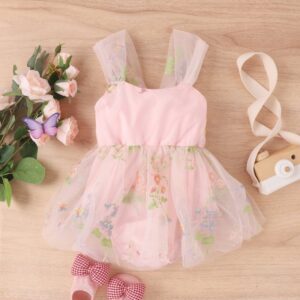 Toddlers Newborn Baby Fashion Girls Sleeveless Flower Embroidered Mesh Bodysuit