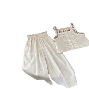 Children Kids Youth Fashion Girls Sleeveless Embroidered Flower Top And Pants 2pcs Set
