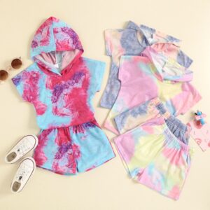 Toddlers Newborn Baby Fashion Girls Boys Short-Sleeved Tie-Dye Hooded Top And Shorts 2pcs Set