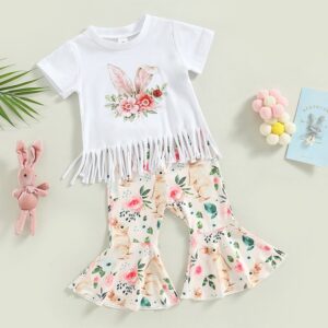 Toddlers Newborn Baby Fashion Girls Short-Sleeved Rabbit Flower Print T-Shirt And Print Flared Pants 2pcs Set
