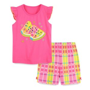 Children Kids Baby Fashion Girls Ruffle Sleeve Cartoon Watermelon Top And Plaid Print Shorts 2pcs