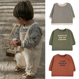 Toddlers Newborn Baby Fashion Girls Boys Basic Long Sleeve Letter Stripe Casual Sweatshirt