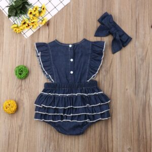 Toddlers Newborn Baby Fashion Girls Ruffle Sleeve Denim Bodysuit And Bow Headband 2pcs Set