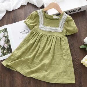Children Kids Baby Fashion Girls Short Sleeve Lace Stitching Square Collar Princess Dress