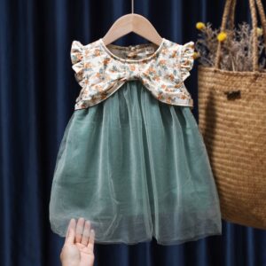 Children Kids Baby Fashion Girls Ruffle Sleeve Floral Print Mesh Stitching Princess Dress