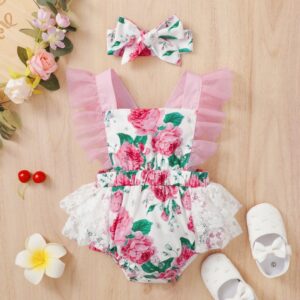 Toddlers Newborn Baby Fashion Girls Floral Print Ruffle Sleeve Bodysuit And Headband Set