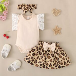 Toddlers Newborn Baby Fashion Girls Lace Short Sleeve Bodysuit And Leopard Floral Print Skirt Headband Set