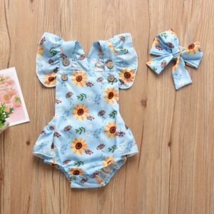 Toddlers Newborn Baby Fashion Girls Sunflower Print Ruffle Sleeve Bodysuit