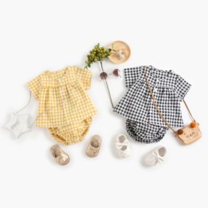 Toddlers Newborn Baby Fashion Girls Basic Plaid Print Short Sleeve Top And Shorts 2pcs Set