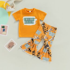 Toddlers Newborn Baby Fashion Girls Cowboy Print Short-Sleeved T-Shirt And Flared Pants 2pcs Set