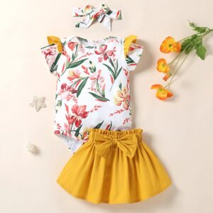 Toddlers Newborn Baby Fashion Girls Floral Print Short Sleeve Bodysuit And Skirt Set