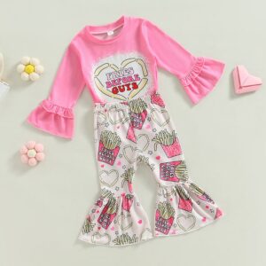 Toddlers Newborn Baby Fashion Girls French Fries Print Long Sleeve Top And Flared Pants 2pcs Set