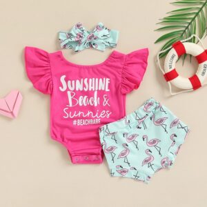 Toddlers Newborn Baby Fashion Girls Letter Print Short Sleeve Bodysuit And Flamingo Shorts Set