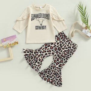 Children Kids Baby Fashion Girls Leopard Cowboy Print Long Sleeve Top And Flared Pants 2pcs Set