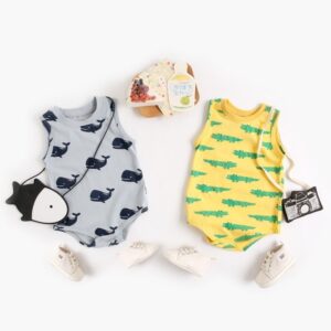 Toddlers Newborn Baby Fashion Boys Cartoon Crocodile Whale Print Sleeveless Bodysuit