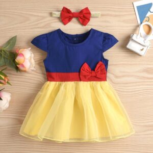 Toddlers Newborn Baby Fashion Girls Short Sleeve Color Blocking Bow Mesh Dress And Headband