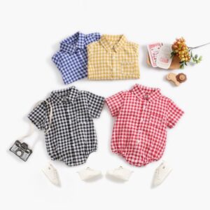 Toddlers Newborn Baby Fashion Girls Boys Plaid Print Short Sleeve Lapel Bodysuit