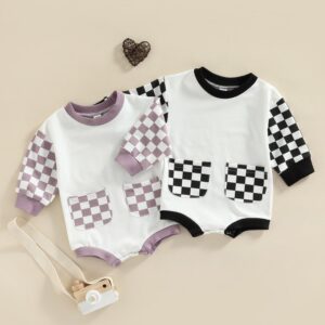 Toddlers Newborn Baby Fashion Boys Girls Long Sleeve Plaid Print Patchwork Bodysuit