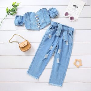 Children Kids Toddlers Fashion Girls Off-Shoulder Denim Top And Ripped Pants 2pcs Set