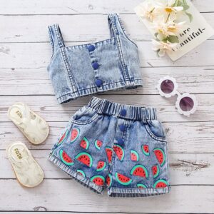 Toddlers Newborn Baby Fashion Girls Sleeveless Camisole Top And Watermelon Denim Shorts 2pcs Set