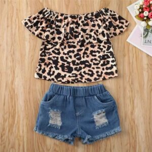 Toddlers Newborn Baby Fashion Girls Leopard One-Shoulder Top And Denim Ripped Shorts 2pcs Set