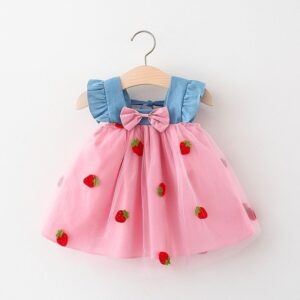 Toddlers Newborn Baby Fashion Girls ruffle sleeve bow Strawberry Cherry mesh dress