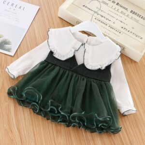 Toddlers Newborn Baby Fashion Girls Long Sleeve Peter Pan Collar Top And Mesh Tutu Dress 2pcs Set