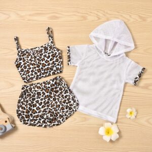 Toddlers Newborn Baby Fashion Girls Leopard Suspender Top And Shorts Mesh Short Sleeve Hoodies 3pcs Set