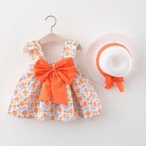 Toddlers Newborn Baby Fashion Girls Sling Flower Print Bow Dress And Hat 2pcs Set